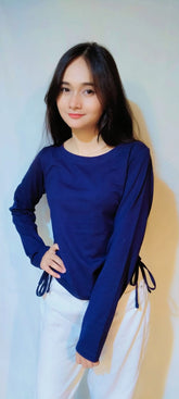 DRAWSTRING RUCHED SOLID FULL SLEEVE TEE-NAVY